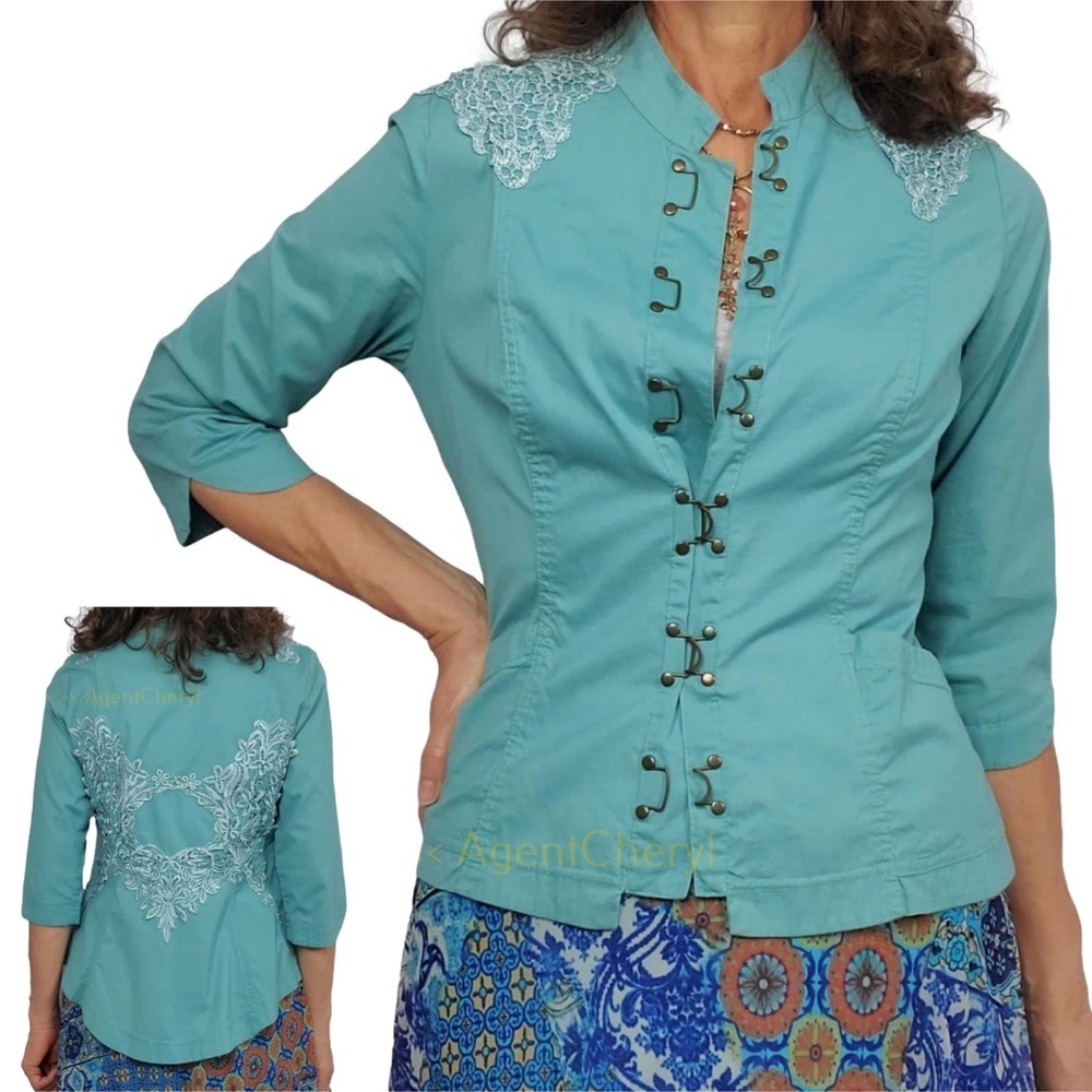 CONTRAST Fit Aqua Blue Lace Trim Hi-Lo Hem Fitted‎ Jacket Hook Front